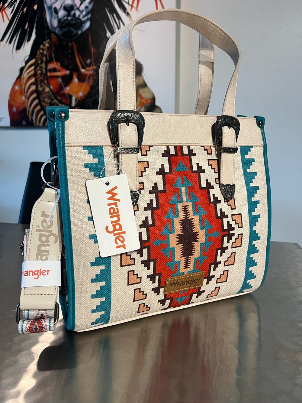 NWT Wrangler Southwestern Aztec Print Crossbody Tote Bag - Turquoise/Crimson Red